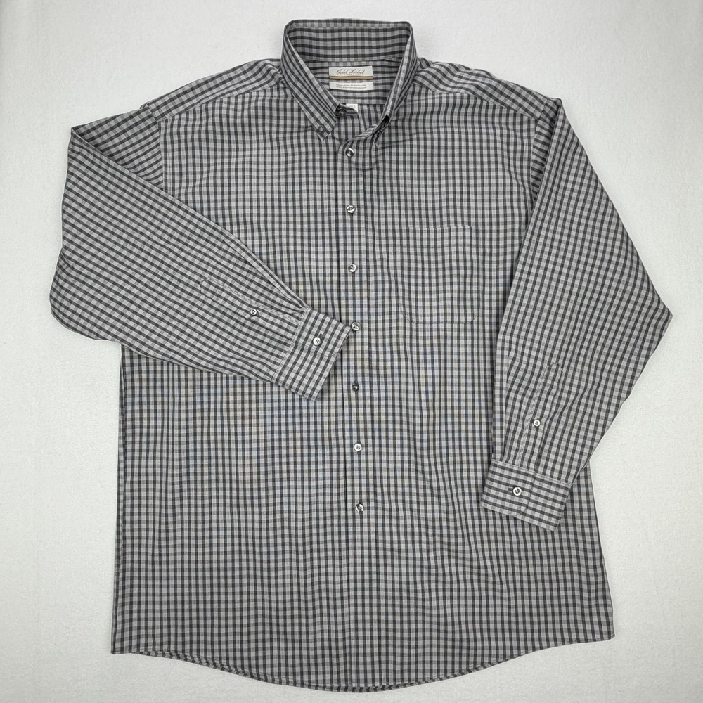 Roundtree & Yorke Gold Label Mens 17.5/34 Grey Gingham Non-Iron Cotton Shirt